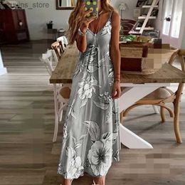 Basic Casual Dresses Plus Size Spring Summer Dress Women Floral Print V-Neck Long Dresses Casual Bohemian Sleeveless Women Beach Party Dress Elegant L49