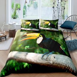 3D Cute Toucan Pattern Duvet Cover Safari Animals Tropical Jungle Birds Quilt Cover Fresh Nature Green King Duvet Cover for Kids