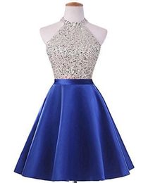 Beaded Homecoming Dress with Halter Neck 2020 Short Prom Dresses Backless Party Gowns Navy Blue Royal Blue Red7885006