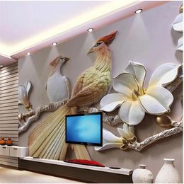 Wallpapers 3d Customized Wallpaper Flower And Bird Relief TV Background Wall Magnolia Decorative Painting