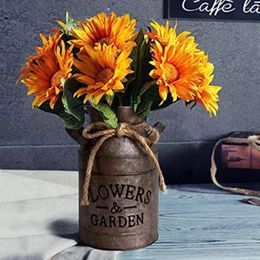 Vases Rustic Style Iron Art Flower Bucket Vintage Durable Metal Vase With Handle Retro Living Room