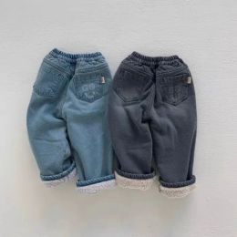 Trousers 2023 Winter New Baby Plus Velvet Thick Denim Trousers Children Windproof Warm Casual Pants Infant Jeans Boys Girls Harem Pants