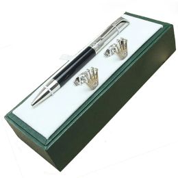 Pens Christmas Gift Rlx Metal Grid Ballpoint Pen Stationery Supplies Writing Smooth with Box Package and Cufflink