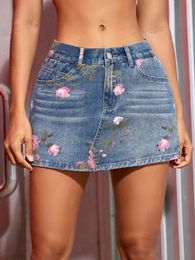 Women Fashion Floral Print Split Hem Denim Skort 90s Retro Summer Sexy Jean Shorts Street Slim ALine Skirt 240411