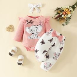 Trousers ma&baby 018M Newborn Infant Baby Girl Clothes Sets Fall Spring Outfits Long Sleeve Elephant Print Romper Bow Pants Headband D05