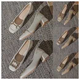 2024 New top Luxury Designer High square toe white womens fashionable middle heels soft soles thick heels and single shoes