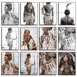 Indian Woman Posters Traditional Feathered Indians Prints Girl African Art Canvas Wall Painting Pictures for Home Design Decor