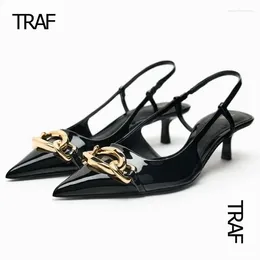 Dress Shoes TRAF 2024 Chain Kitten Heels Women Slingback Pointed Toe High For Woman Pumps Wedding Black Heeled Office Modern