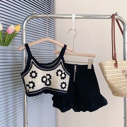 HTSU BABY Summer Girls Clothing Suits Kids Hooked Flower Knitted Hollow Tank Top + Ruffled Lace Shorts Children's Two Pieces Set