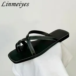 Slippers Flat Women Flip Flops Genuine Leather Cross Strap Slides Summer Shoes For Casual Split Top Woman