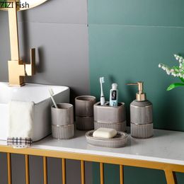 Grey Ceramic Bathroom Kit Five Piece Soap Dispenser and Mouthwash Cup Set Modern Home Bathroom Accessory Set Soap Dish Wash Set