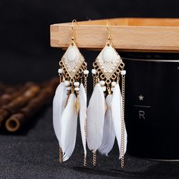Bohemian Long Feather Earrings for Women Classic Ethnic Retro Temperament Chain Leaf Bead Tassel Earrings Boho Wedding Jewellery