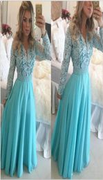 Sexy Sky blue Lace Bridesmaid dresses Full sleeve A line V neck Pearls Princess Evening party Prom dress Chiffon Girls Maid of hon4650800