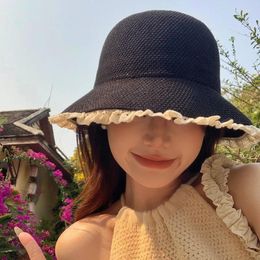 Wide Brim Hats Korean Spring And Summer Solid Colour Lace Versatile Dome Bucket Hat Women's Cotton Linen Seaside Vacation Foldable Sun Cap