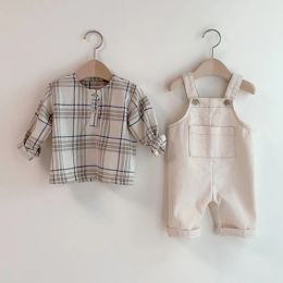 Trousers England style newborn baby boys shirt khaki plaid long sleeve kids blouse for girls tops children front pocket design pants 04T