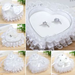 Wedding Couple Ring Box Heart Shape White Lace Ring Pillow Boxes Pearl Rhinestone Jewelry Case Engagement Ceremony Ring Box