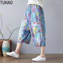 Women's Jeans Summer Women Trousers Flower Print Patchwork Ethnic Cross Pants Elastic Waist Wide Leg LLJ