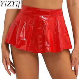 Skirts Women's Pleated Short Mini Glossy Latex Patent Leather Flared Zipper Miniskirt Club Bar Pole Dance Performance Costumes