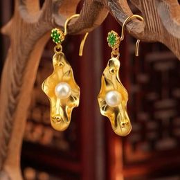 Dangle Earrings Elegant Gold Color Pearl Lotus Leaf For Women Chinese Ancient Style Birthday Wedding Jewelry Gifts Not Fade