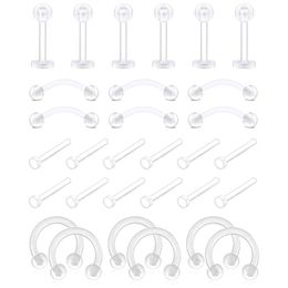 30pcs Acrylic Flexible Clear Eyebrow Ring Lip Labret Nose Rings Cartilage Ear Piercing Jewelry Kit