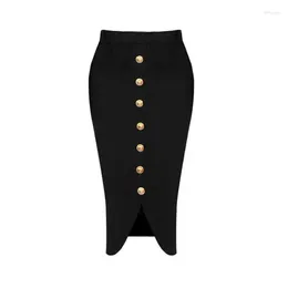 Stage Wear 2024 Bandage Metal Button Front Split Elegant Knee And Hip Wrap Pencil Skirt