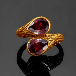 Szjinao Yellow Gold Red Garnet Ring For Women Tear Drop Stones Luxury Handmade Engraved Party Jewellery 2023 Trending Gift Female