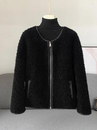 Women's Fur 2024 Winter Round Neck Sheep Fleece And Integrated Coat Short Lamb Grass Young Zipper