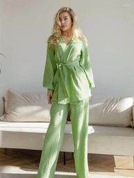 Women's Sleepwear Marthaqiqi Cotton Women Set Sexy V-Neck Nightwear Long Sleeve Robe Lace Up Pyjamas Pants Causal Ladies Nightgowns Suit