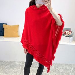 Spring Autumn New Women Winter Knit Hooded Poncho Cape Crochet Fringed Tassel Shawl Wrap Sweater Even Hat Girls Keep Warm Red