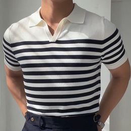 Blue White Contrasting Stripes Casual Lapel Polo Summer Knit Lapel T-shirt Polo Camisa Hombre British Men's Shirt Mannen Polo