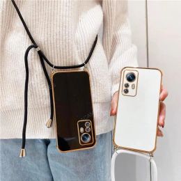 Xiomi Mi12 Mi12t Plating Square Crossbody Strap Lanyard Cord Case For Xiaomi Mi 12t 12 t Pro Lite Back Cover On Xiaomi12 12Lite