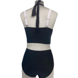 Two Tone Swimsuit Grommet High Rise Halter Padded Tankini Swimwear Set