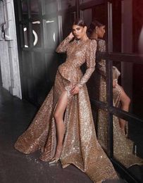 Champagne Deep V Neck Prom Evening Dresses Sexy Mermiad Sequins Long Formal Party Dress High Slit Pageant Gown Plus Size2118509