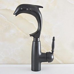 Bathroom Sink Faucets Black Oil Rubbed Bronze Single Handles Dolphin Style Swivel Spout Kitchen Faucet Mixer Tap Tsf845