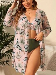 Women's Swimwear VigoJany 2024 Sexy 3 Piece Print Smock Plus Size Bikini Set Women Cross Push Up Big Swimsuit High Waist Chubby Bathing Suit