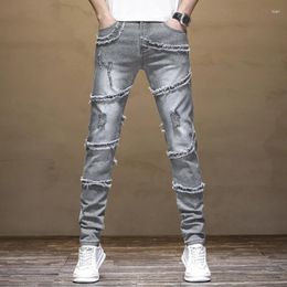 Men's Jeans 2024 Handsome Ripped Stitching Slim Fit Stretch Personality Frayed Retro Washed Motorcycle Trousers