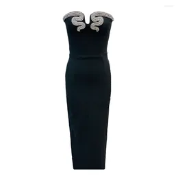 Casual Dresses 2024 Elegant Strapless Bandage Dress Sexy Beading Bodycon Clothes Celebrity Evening Party Long