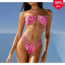 High Quality Womens Designer Swimwear Sexy Bikinis 2024 New Fashion Womens Swimwear Pink Leopard Pattern Bikini Set Brazilian Womens Hollow High Waist Swi