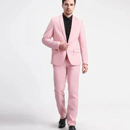 Fresh Pink Men Suit TwopiecesJacketPants Set Slim Fitting Elegant Fashion Highquality Male Formal Clothing 240407