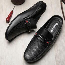 Casual Shoes Men Mules Leather Slipper Summer Walk Loafers Open Style Half Flat Sandals Metal Lock Slides Daily Lightweight