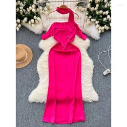 Casual Dresses Fashion Party Long Dress Women Summer Light Luxury One-character Collar Shoulder Slim-fit Midi Satin Evening