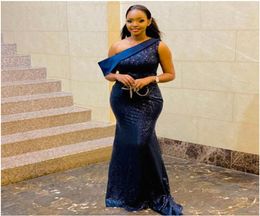 Navy Blue Mermaid Bridesmaid Dresses Long One Shoulder Sequin Women Wedding Party Dress For Black Girl Maid Of Honour Gowns9547744