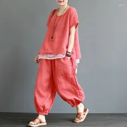 Women's Two Piece Pants Summer Womens Cotton And Linen Sets Short Sleeve Shirt Tops Loose Female 2 Pieces Clothing Women Outfits