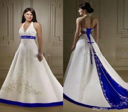 Royal Blue and White Embroidery Wedding Dresses Lace Beaded Halter Laceup Corset Back Sweep Train Bridal Garden Church Wedding Go9736671