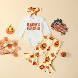 Trousers ma&baby 024M Halloween Newborn Infant Baby Girl Clothes Sets Long Sleeve Letter Romper Pumpkin Flare Pants Headband Costume D05