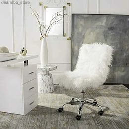 Arts and Crafts Swivel Office Chair White Faux Sheepskin Chrome Le Metal Fabric Upholstered Chic Modern Furniture Home Decor Study Den Library L49