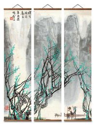 MT5006 Chinese Style mountain peak fishing boat landscape Decorative Wall Art Canvas Posters Solid Wood Scroll Paintings