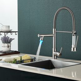 LED Kitchen Faucet Spring Pull Down Swivel Spout Spring Sink Taps Deck Mount Brass Cold Hot Water Mixer Washing Tub Crane