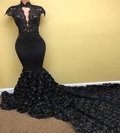 Sexy 2K17 Mermaid Prom Dresses 3D Floral Flowers Cap Sleeves High Neck Lace Long Chapel Train Formal 2017 New Party Dress Evening 9993656