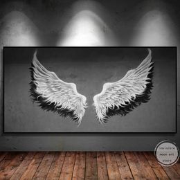 Abstract Modern Black White Golden Angel Wings Feather Art Poster Canvas Painting Wall Print Picture for Living Room Home Decor